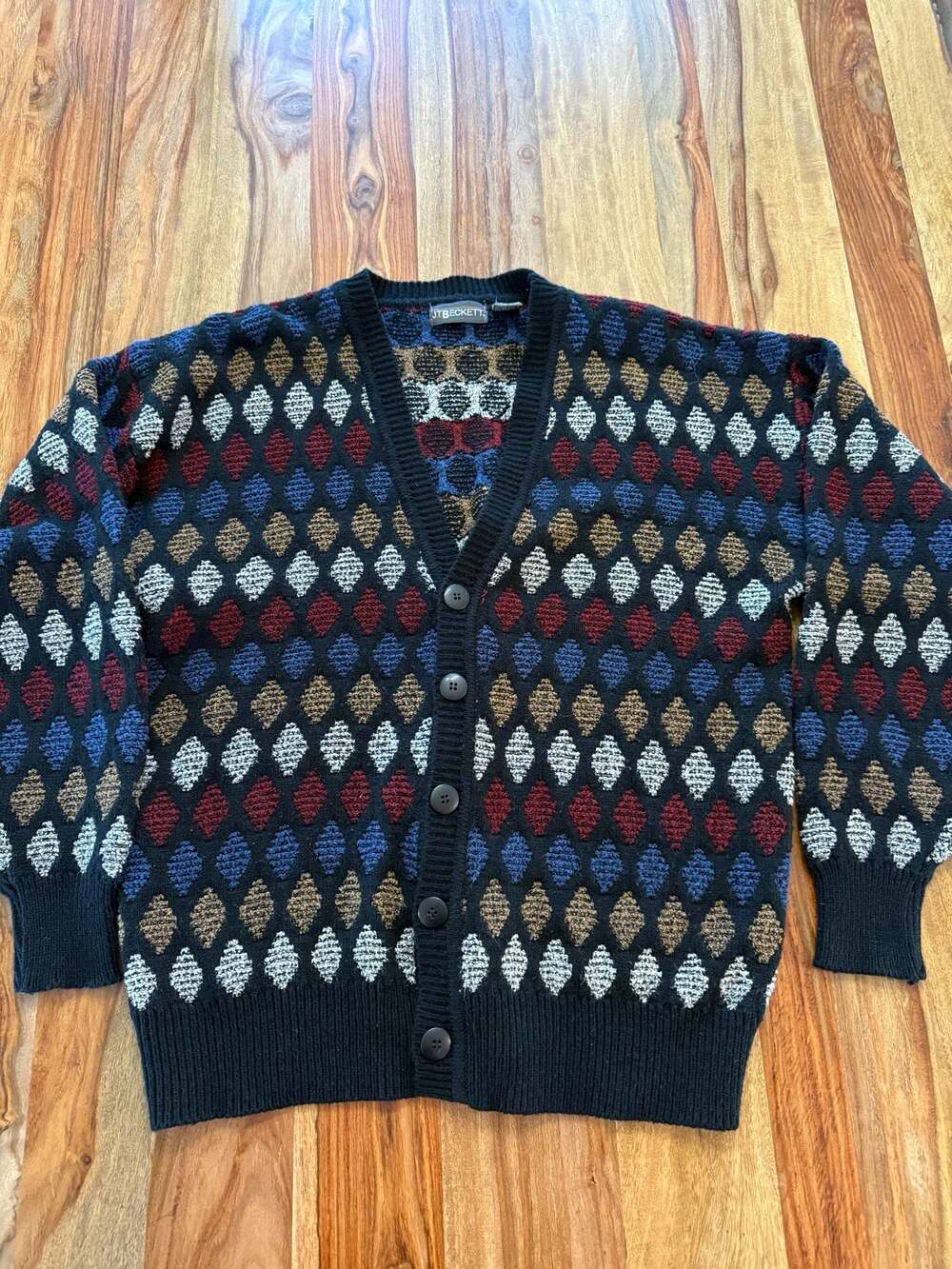 JT Beckett Vintage Geometric Diamond Pattern Cardigan Sweater Size L
